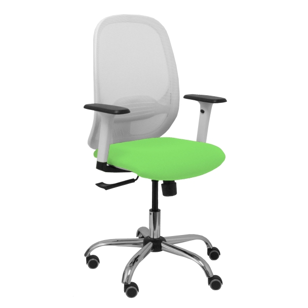 Silla Cilanco blanca malla blanca asiento bali pistacho brazo regulable base cromada ruedas de parqué