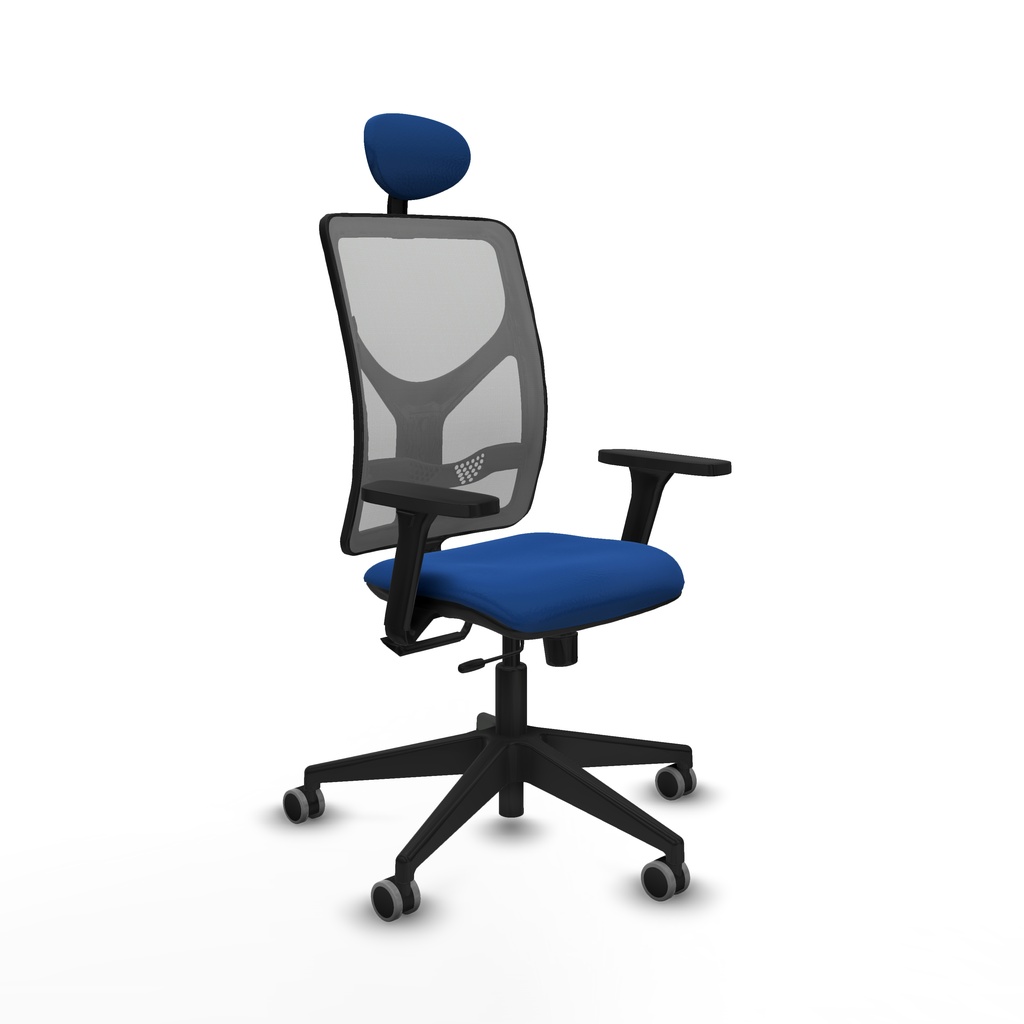 Motilla traslack malla gris similpiel azul brazos 3D base piramidal cabecero fijo ruedas 65mm engomadas