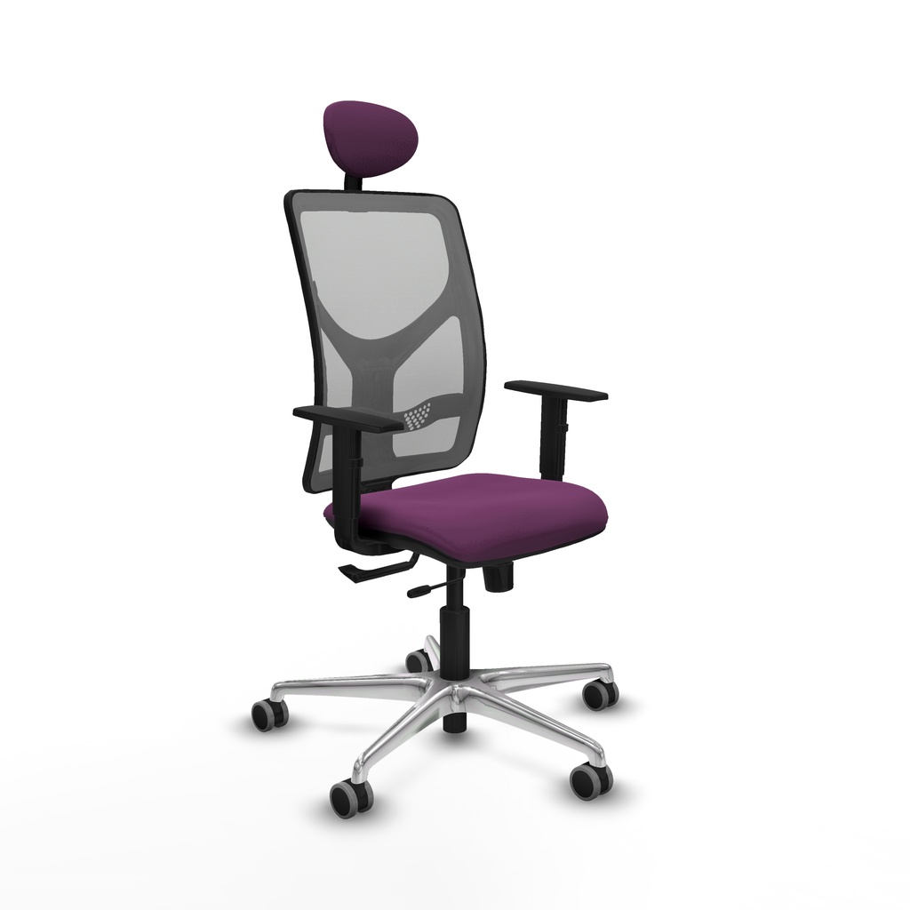 Motilla traslack malla gris similpiel morado brazos 1D base aluminio cabecero fijo ruedas 65mm engomadas