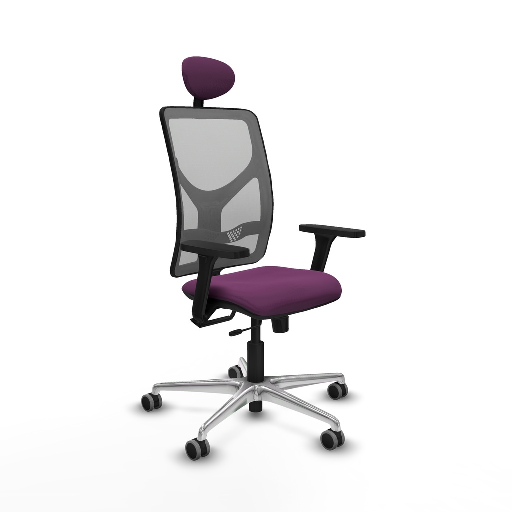 Motilla traslack malla gris similpiel morado brazos 3D base aluminio cabecero fijo ruedas 65mm engomadas