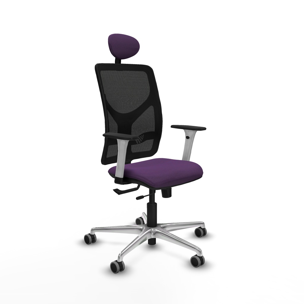 Motilla traslack malla negra bali morado brazos blancos base aluminio cabecero fijo ruedas 65mm engomadas