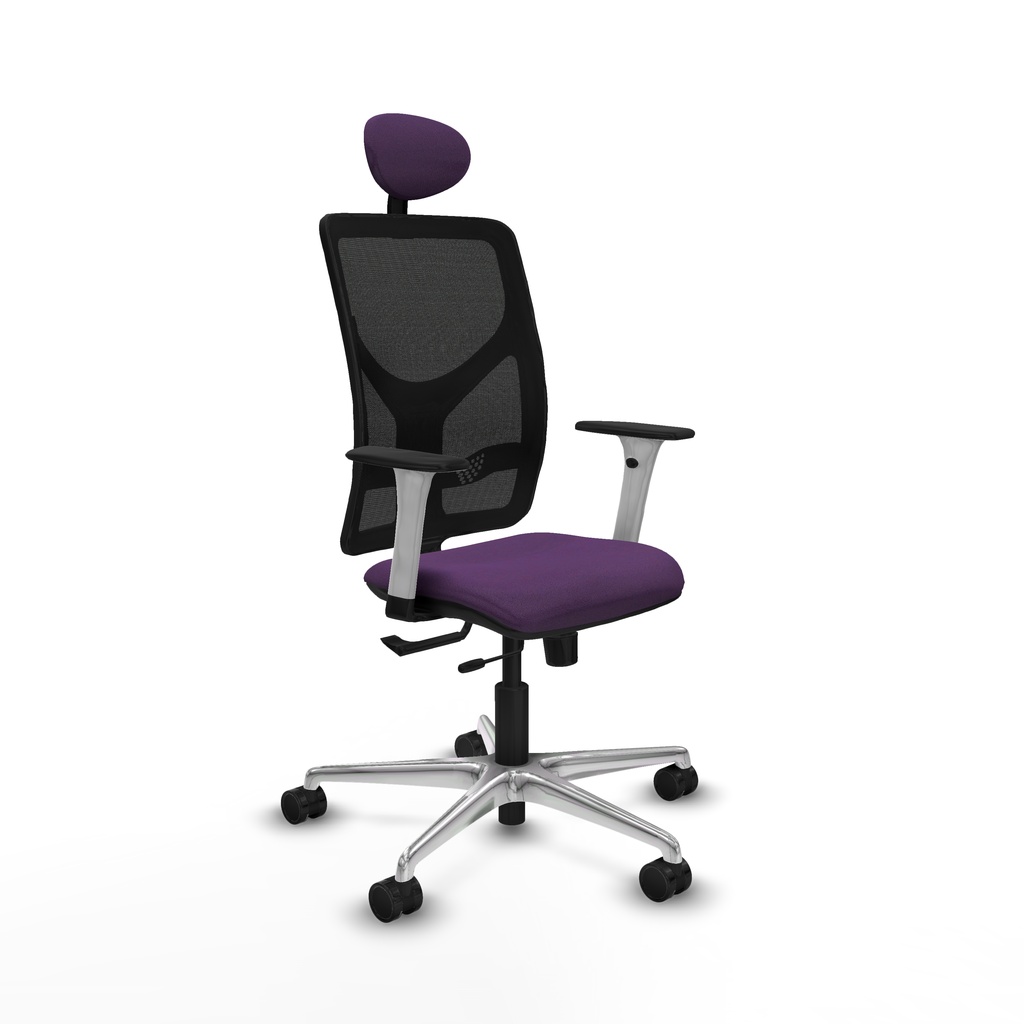 Motilla traslack malla negra bali morado brazos blancos base aluminio cabecero fijo ruedas 65mm nailon