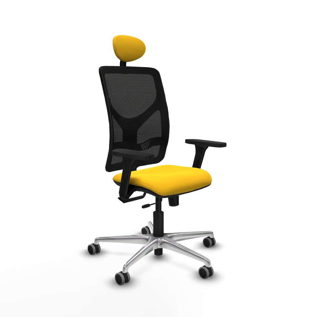 Motilla traslack malla negra similpiel amarillo brazos 3D base aluminio cabecero fijo ruedas 65mm engomadas