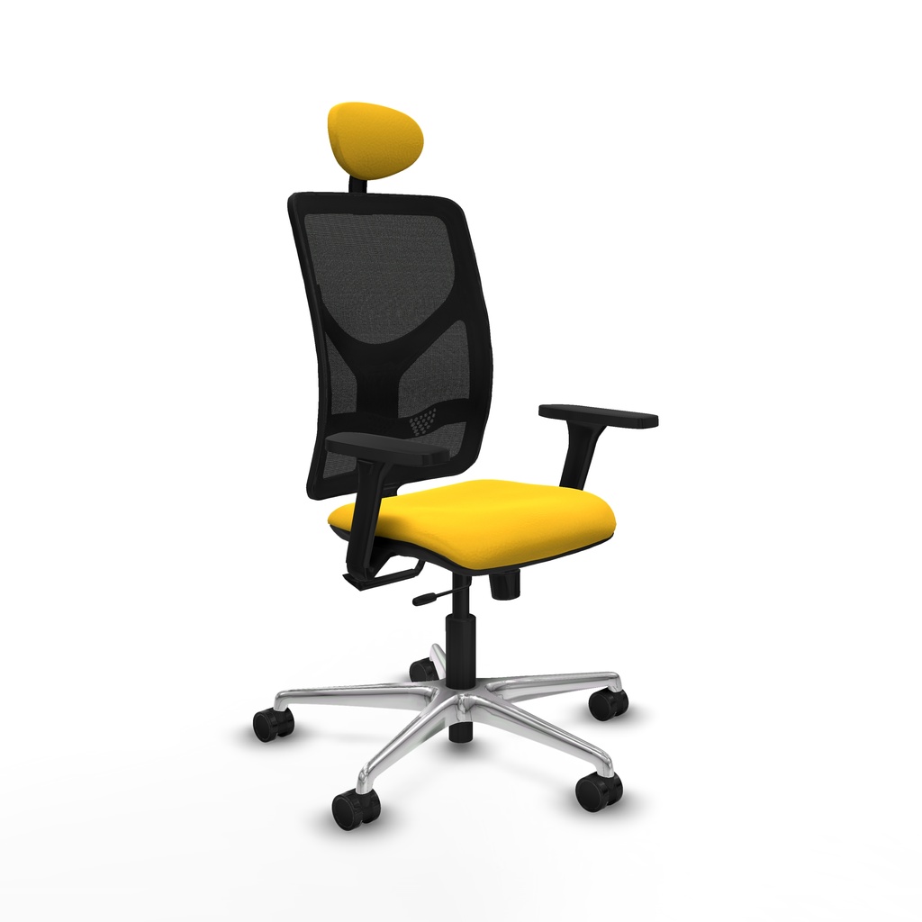 Motilla traslack malla negra similpiel amarillo brazos 3D base aluminio cabecero fijo ruedas 65mm nailon