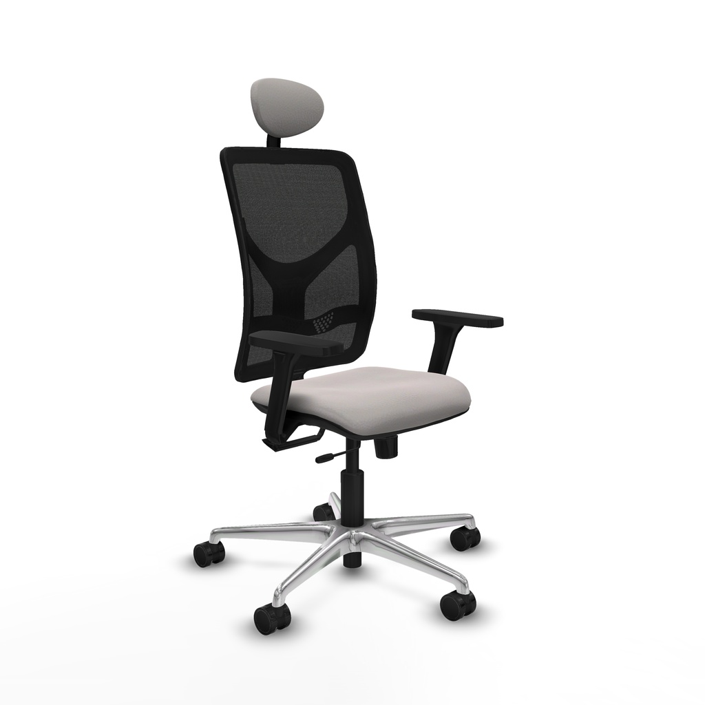 Motilla traslack malla negra similpiel blanco brazos 3D base aluminio cabecero fijo ruedas 65mm nailon