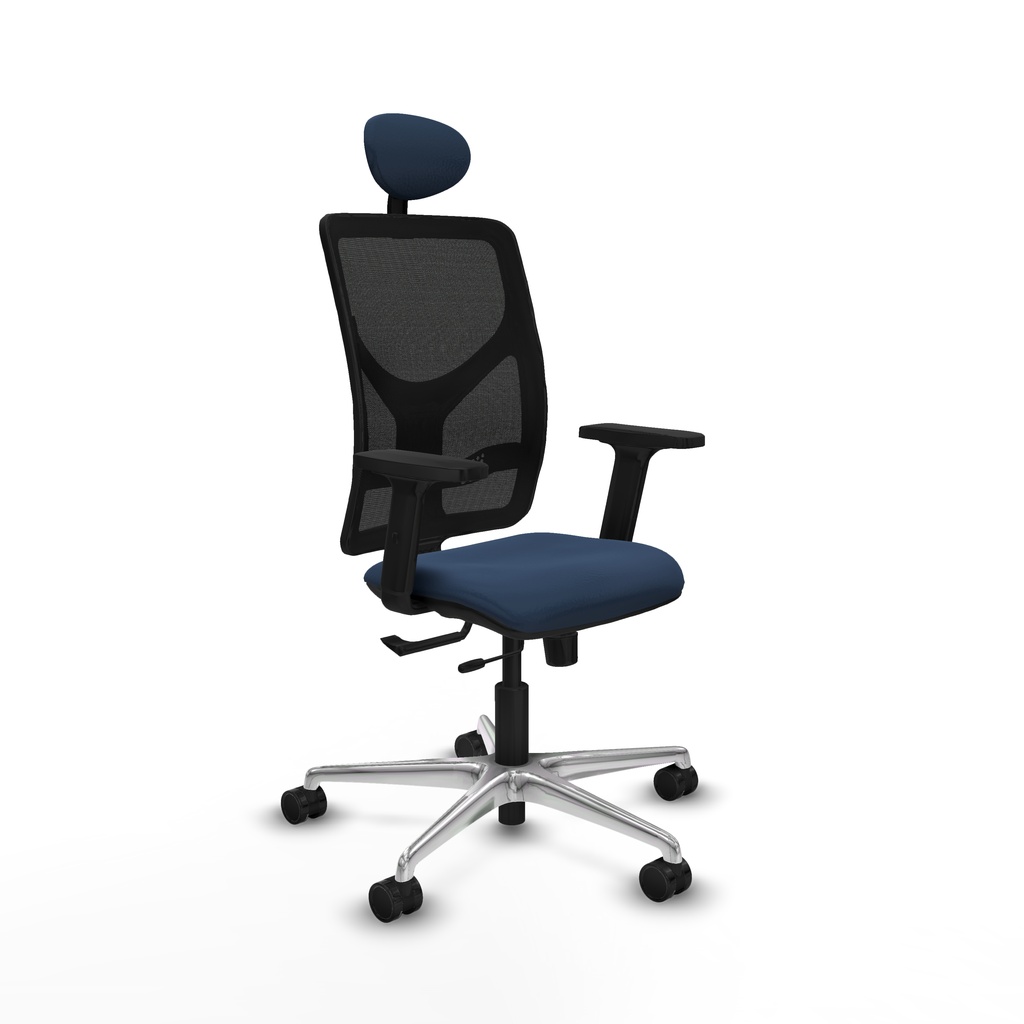 Motilla traslack malla negra similpiel azul marino brazos 2D base aluminio cabecero fijo ruedas 65mm nailon