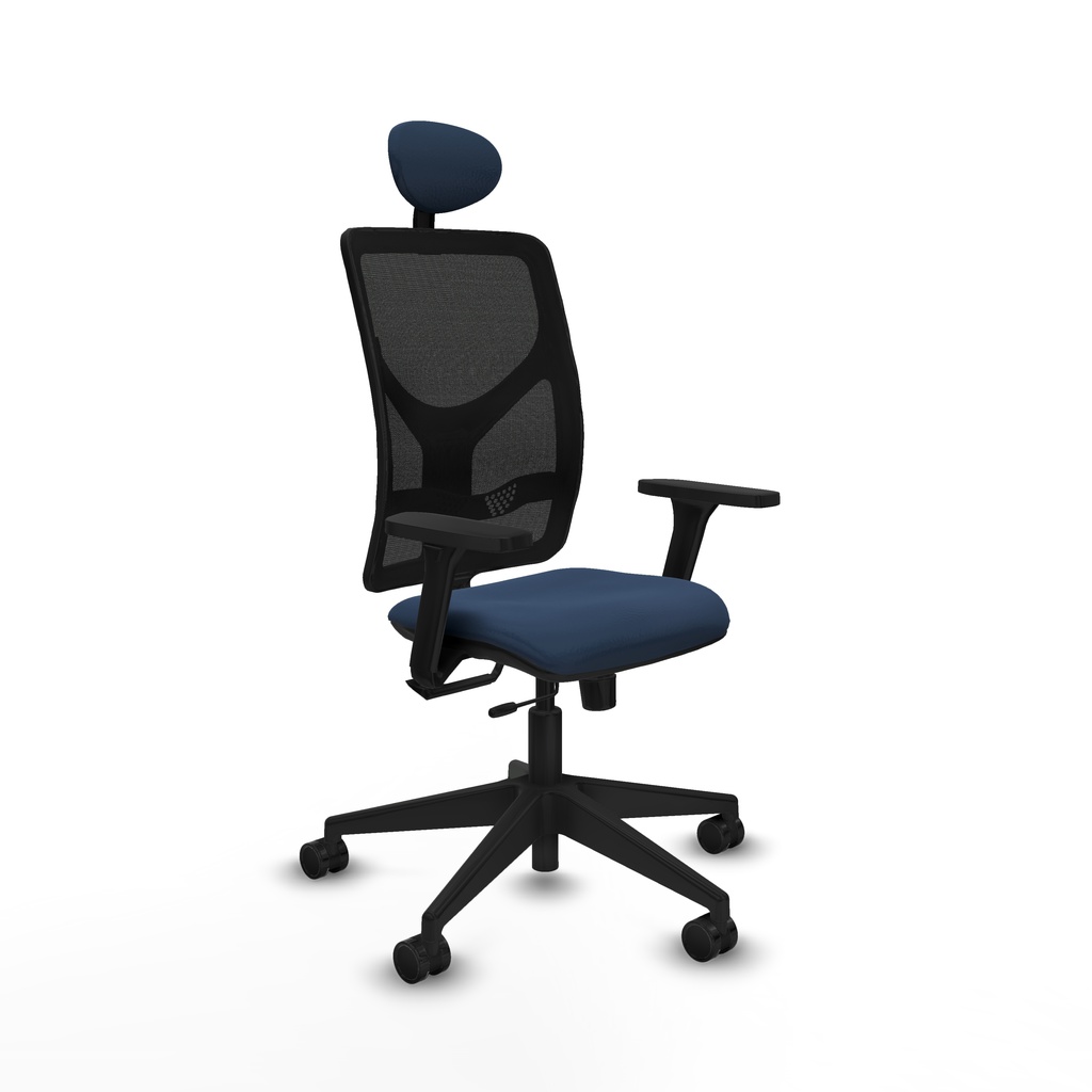 Motilla traslack malla negra similpiel azul marino brazos 3D base piramidal cabecero fijo ruedas 65mm nailon