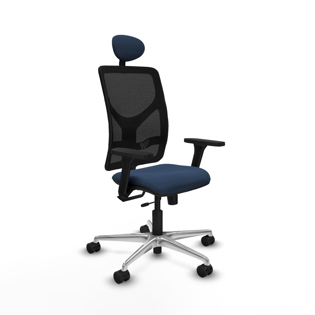 Motilla traslack malla negra similpiel azul marino brazos 3D base aluminio cabecero fijo ruedas 65mm nailon