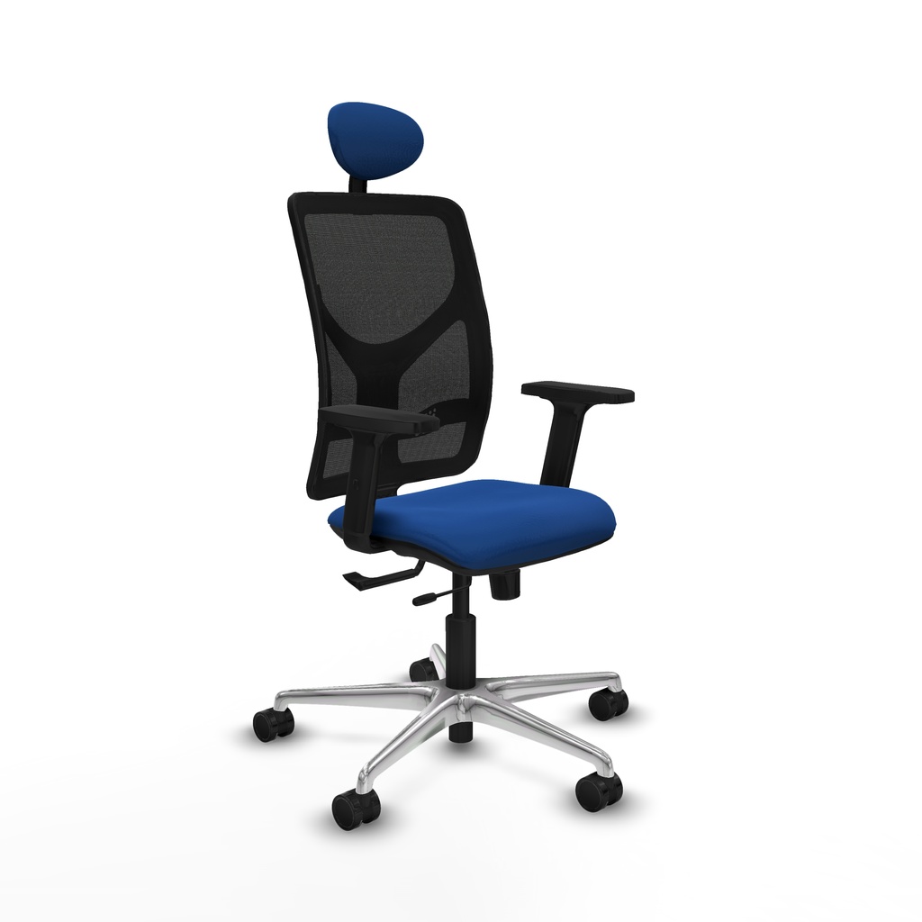 Motilla traslack malla negra similpiel azul brazos 2D base aluminio cabecero fijo ruedas 65mm nailon