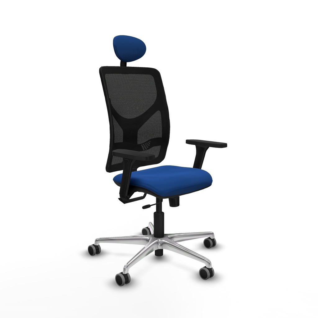 Motilla traslack malla negra similpiel azul brazos 3D base aluminio cabecero fijo ruedas 65mm engomadas