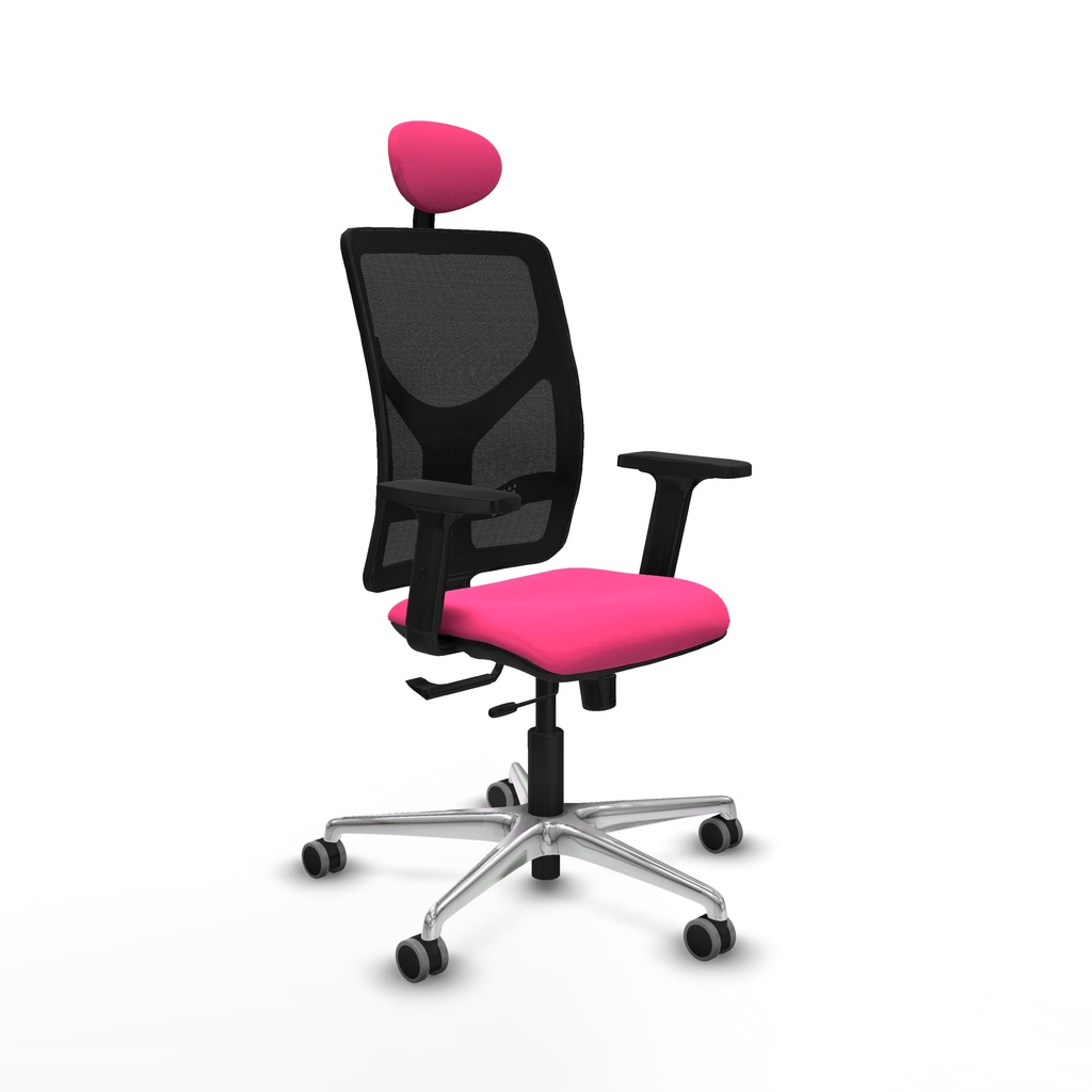 Motilla traslack malla negra similpiel rosa brazos 2D base aluminio cabecero fijo ruedas 65mm engomadas