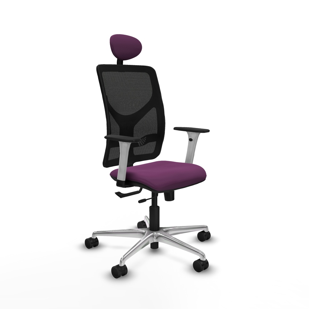 Motilla traslack malla negra similpiel morado brazos blancos base aluminio cabecero fijo ruedas 65mm nailon