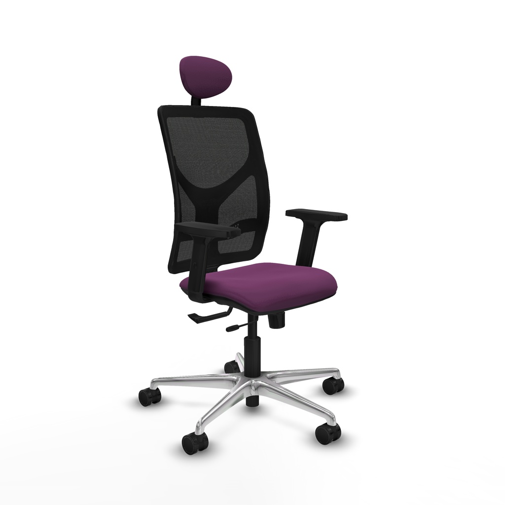 Motilla traslack malla negra similpiel morado brazos 2D base aluminio cabecero fijo ruedas 65mm nailon