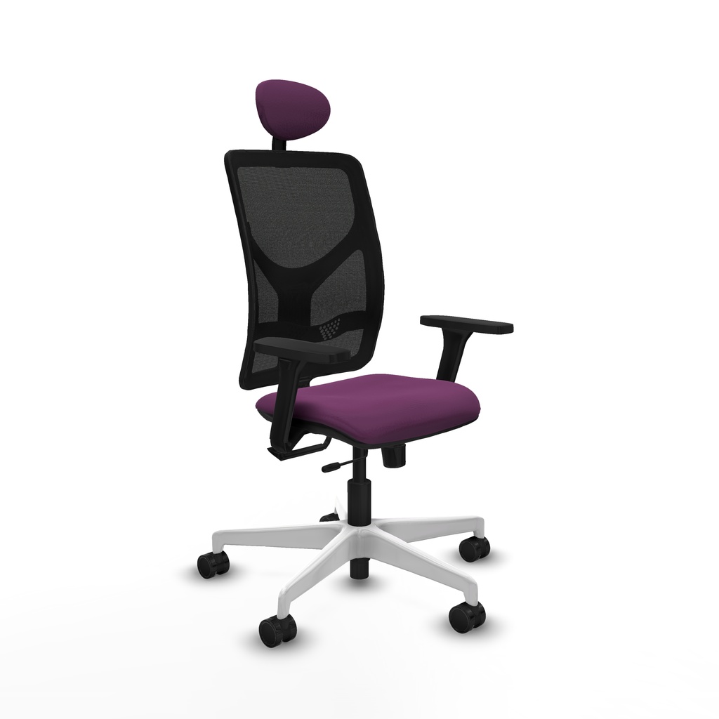 Motilla traslack malla negra similpiel morado brazos 3D base blanca cabecero fijo ruedas 65mm nailon