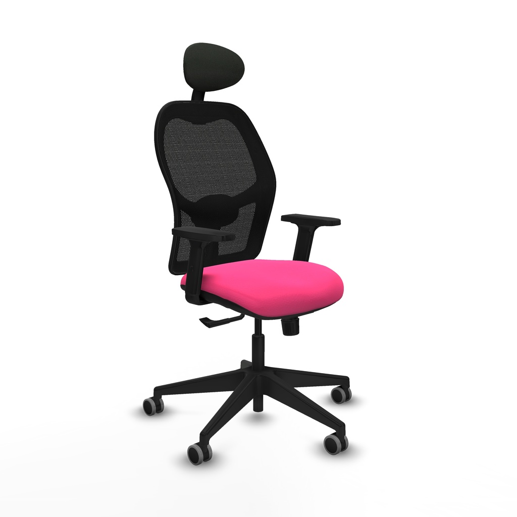 Alocén sincro malla negra similpiel rosa brazos 2D base piramidal cabecero fijo ruedas engomadas 65mm