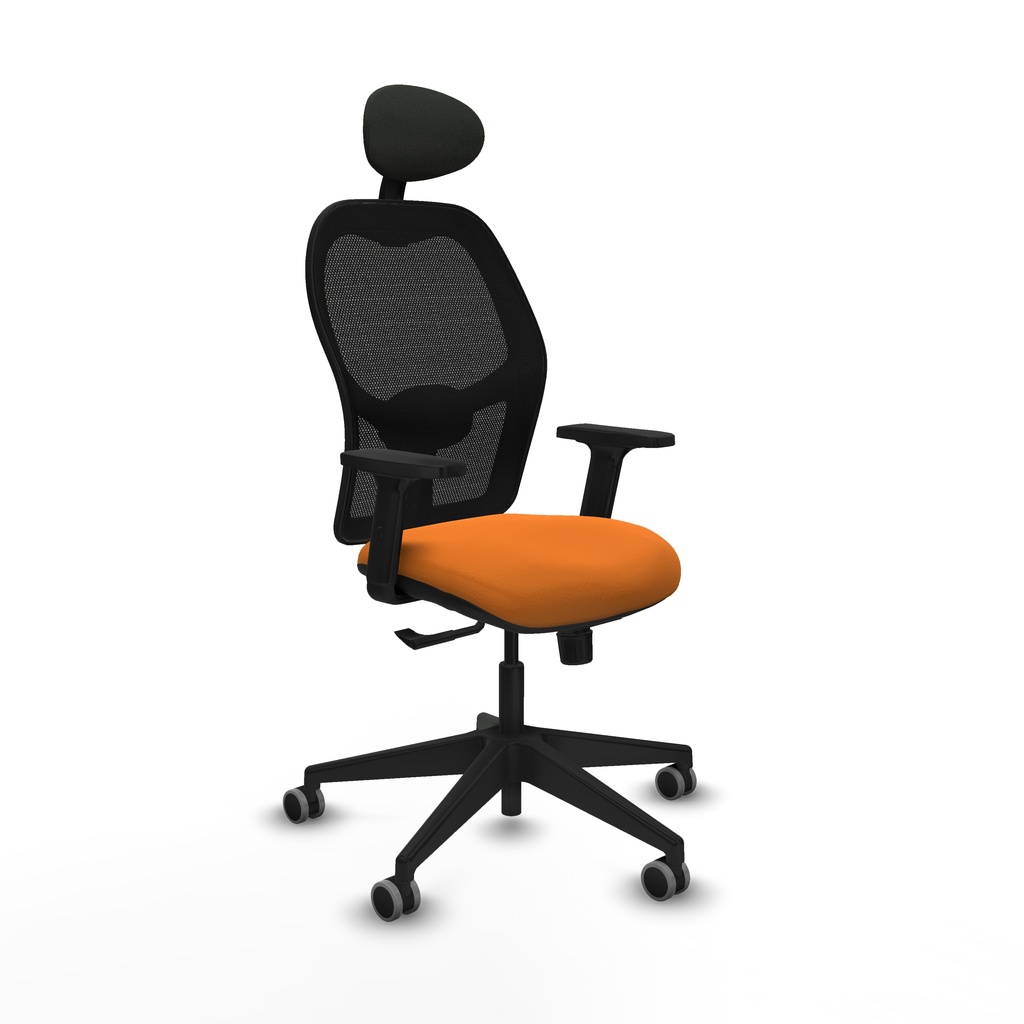 Alocén sincro malla negra similpiel naranja brazos 2D base piramidal cabecero fijo ruedas engomadas 65mm