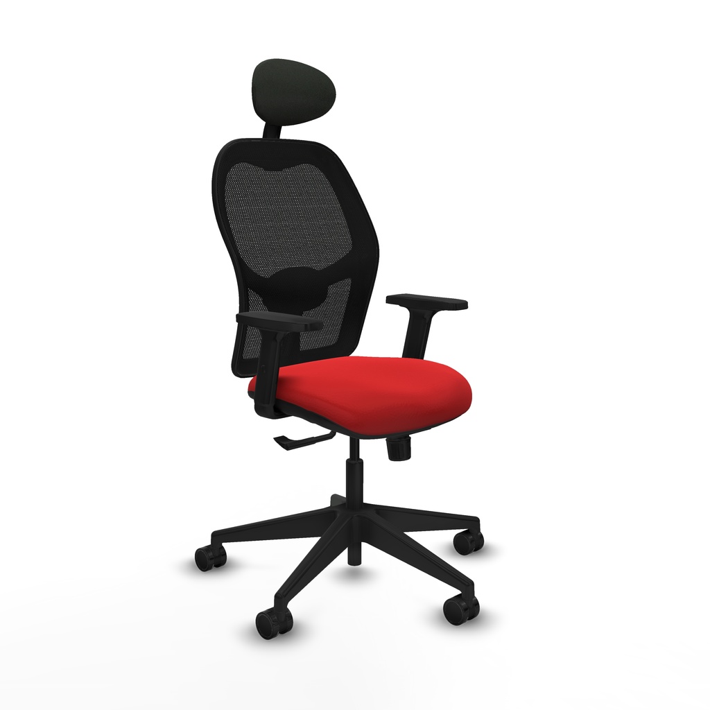 Alocén sincro malla negra similpiel rojo brazos 2D base piramidal cabecero fijo ruedas nailon 65mm