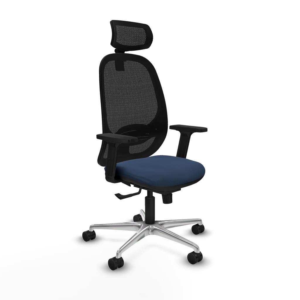 Cilanco sincro malla negra similpiel azul marino brazos 2D base aluminio cabecero 2D ruedas 65mm nailon