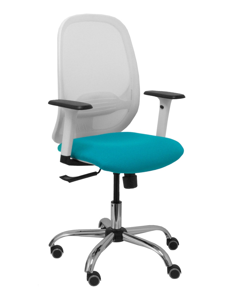 Silla Cilanco blanca malla blanca asiento bali turquesa brazo regulable base cromada ruedas parqué