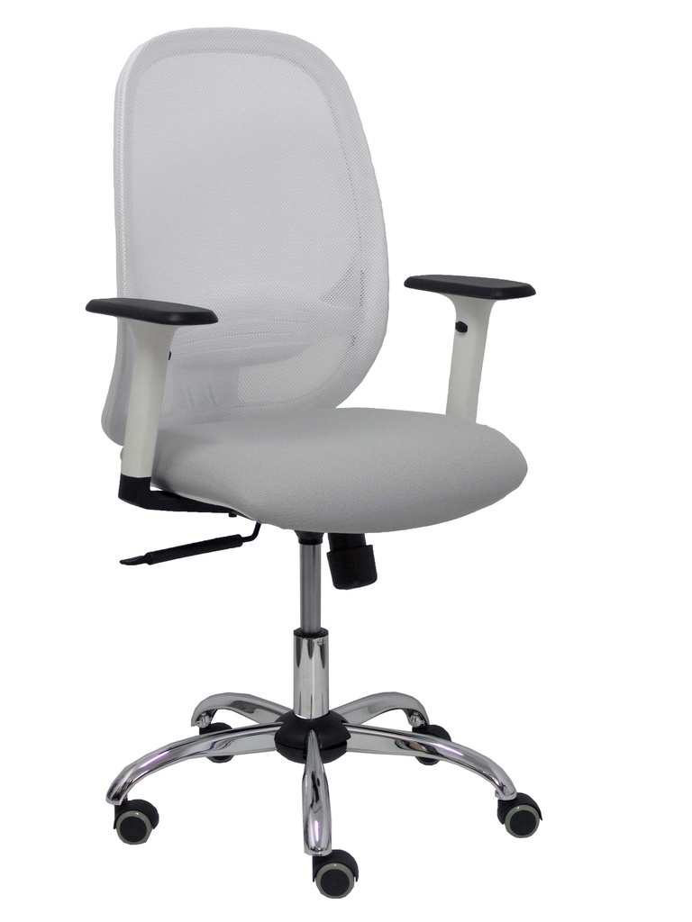 Silla Cilanco blanca malla blanca asiento bali gris claro brazo regulable base cromada ruedas parqué