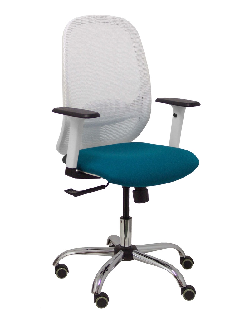 Silla Cilanco blanca malla blanca asiento bali verde petróleo brazo regulable base cromada ruedas de parqué