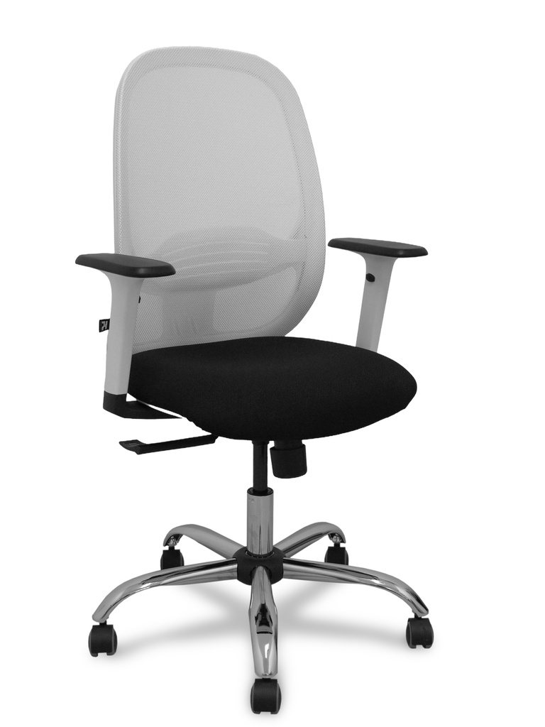 Silla Cilanco blanca malla blanca asiento bali negro brazo regulable base cromada ruedas de parqué