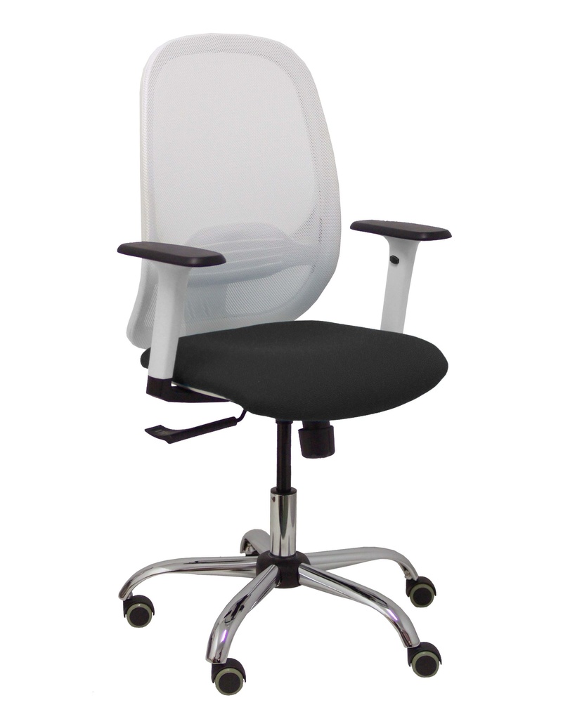 Silla Cilanco blanca malla blanca asiento similpiel negro brazo reg. base cromada RP