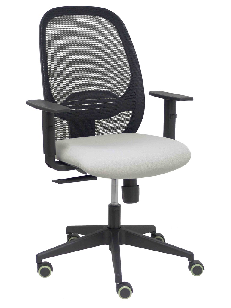 Silla Cilanco negra malla negra asiento bali gris claro brazo regulable.