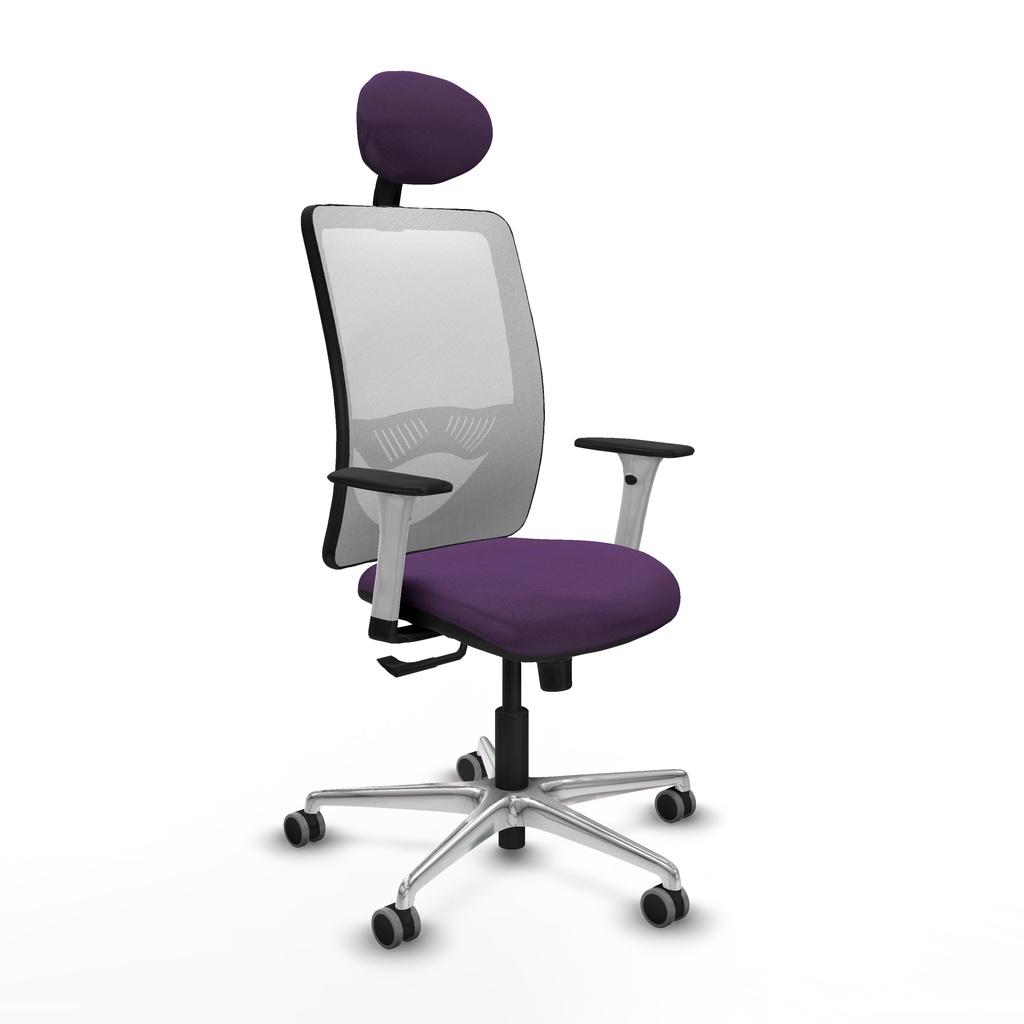 Zulema sincro malla blanca bali morado brazos blancos base aluminio cabecero fijo ruedas 65mm engomadas