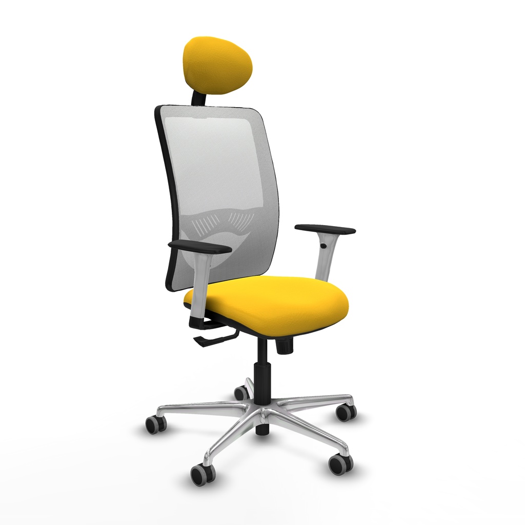 Zulema sincro malla blanca similpiel amarillo brazos blancos base aluminio cabecero fijo ruedas 65mm engomadas