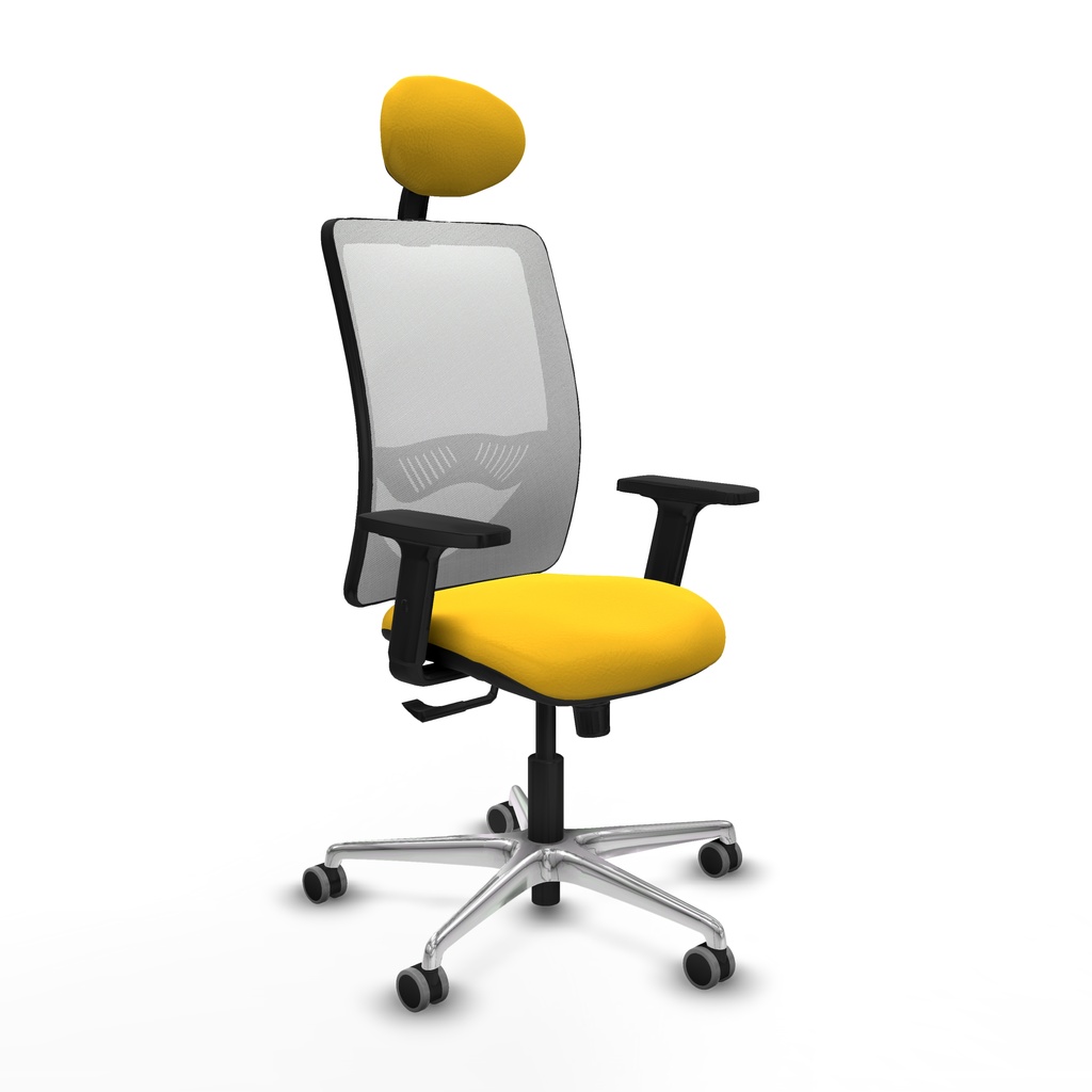 Zulema sincro malla blanca similpiel amarillo brazos 2D base aluminio cabecero fijo ruedas 65mm engomadas