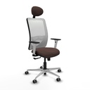 Zulema sincro malla blanca similpiel marrón oscuro brazos blancos base aluminio cabecero fijo ruedas 65mm engomadas