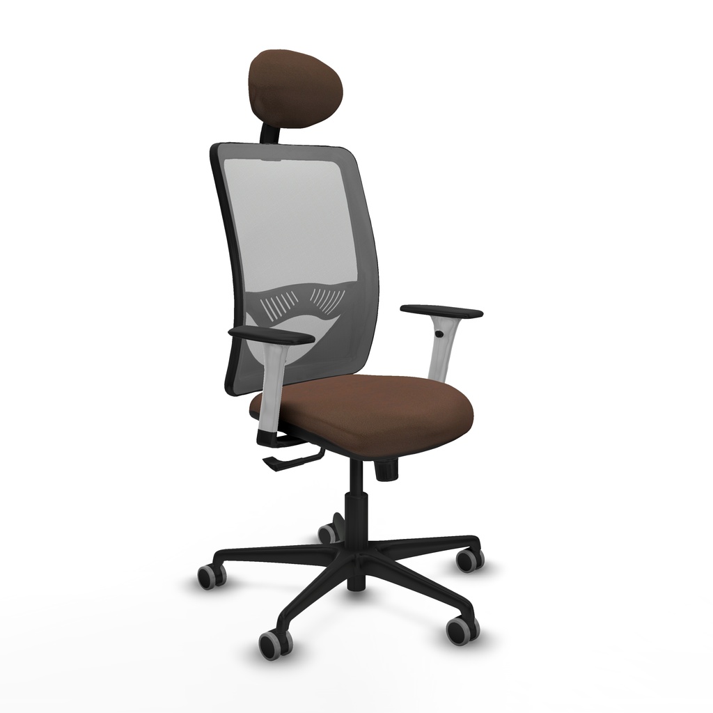 Zulema sincro malla gris bali marrón oscuro brazos blancos base nailon cabecero fijo ruedas 65mm engomadas