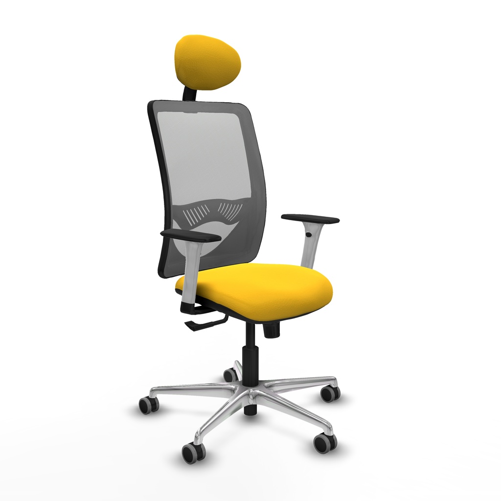 Zulema sincro malla gris similpiel amarillo brazos blancos base aluminio cabecero fijo ruedas 65mm engomadas