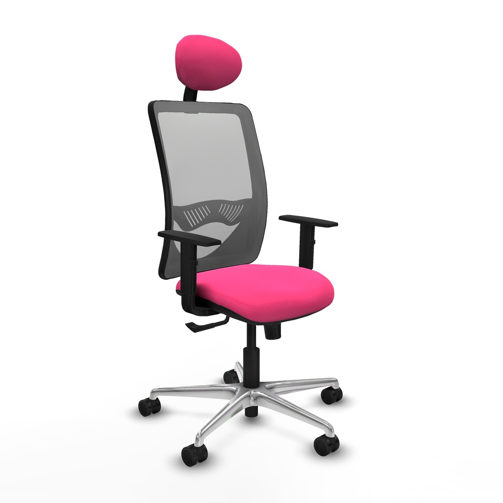 Zulema sincro malla gris similpiel rosa brazos 1D base aluminio cabecero fijo ruedas 65mm nailon