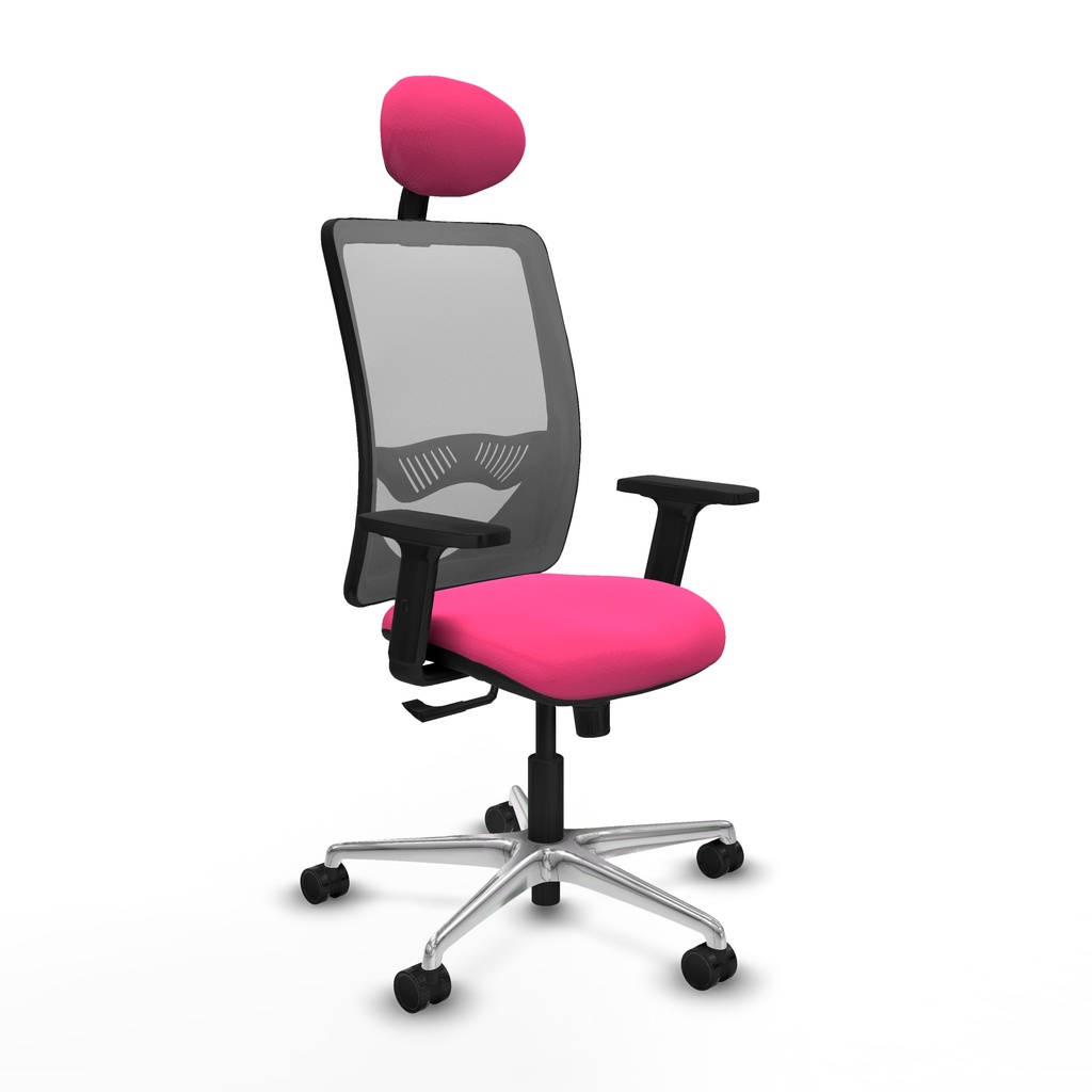 Zulema sincro malla gris similpiel rosa brazos 2D base aluminio cabecero fijo ruedas 65mm nailon