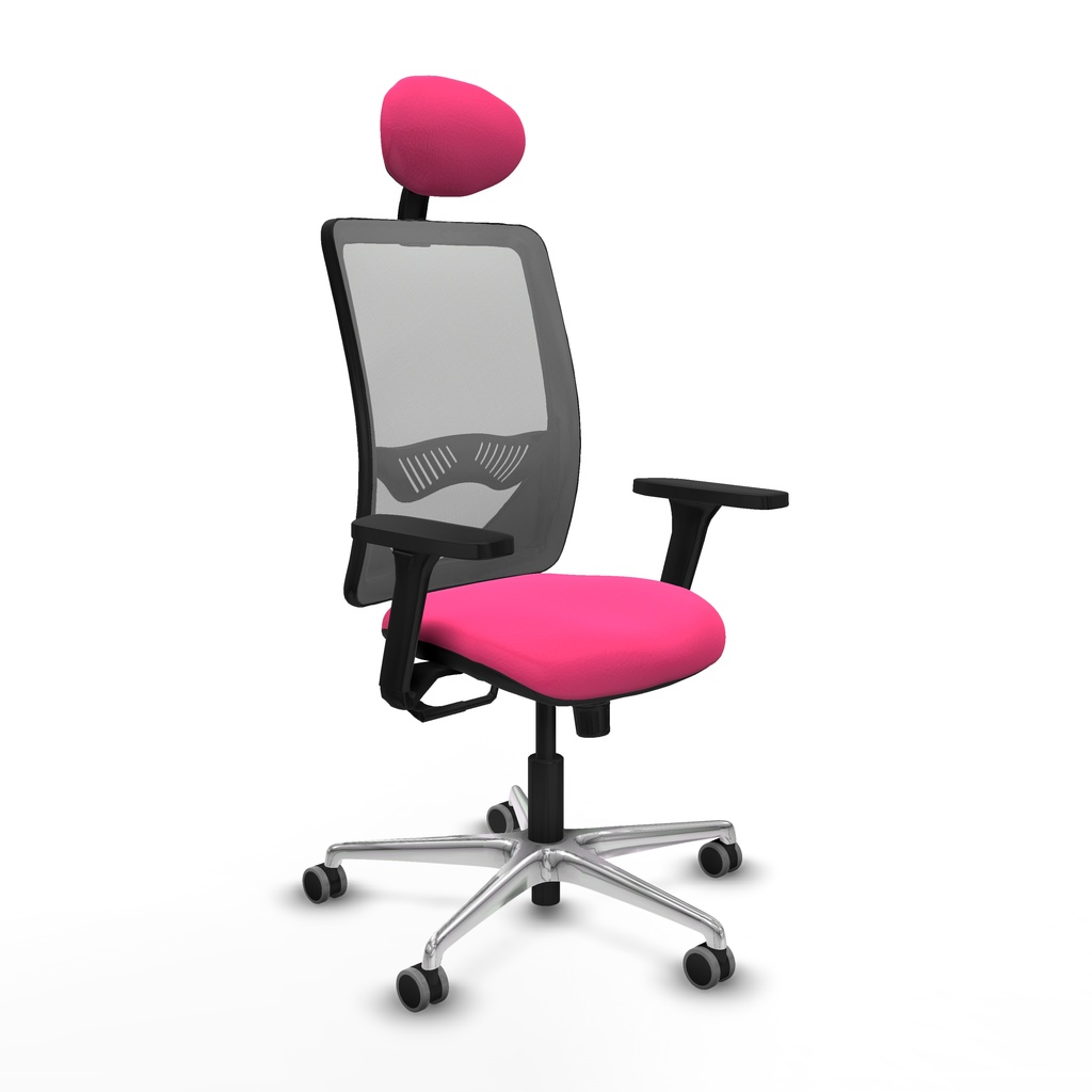 Zulema sincro malla gris similpiel rosa brazos 3D base aluminio cabecero fijo ruedas 65mm engomadas