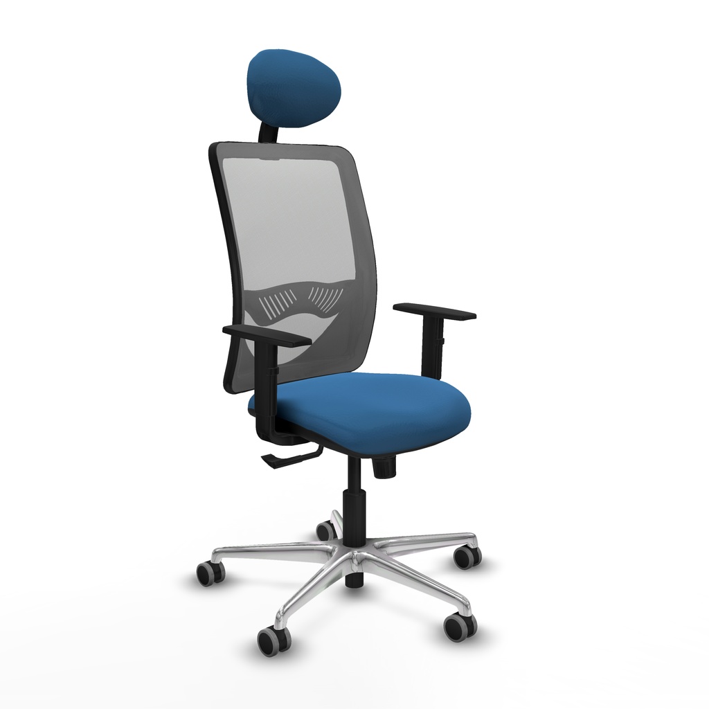 Zulema sincro malla gris similpiel azul claro brazos 1D base aluminio cabecero fijo ruedas 65mm engomadas