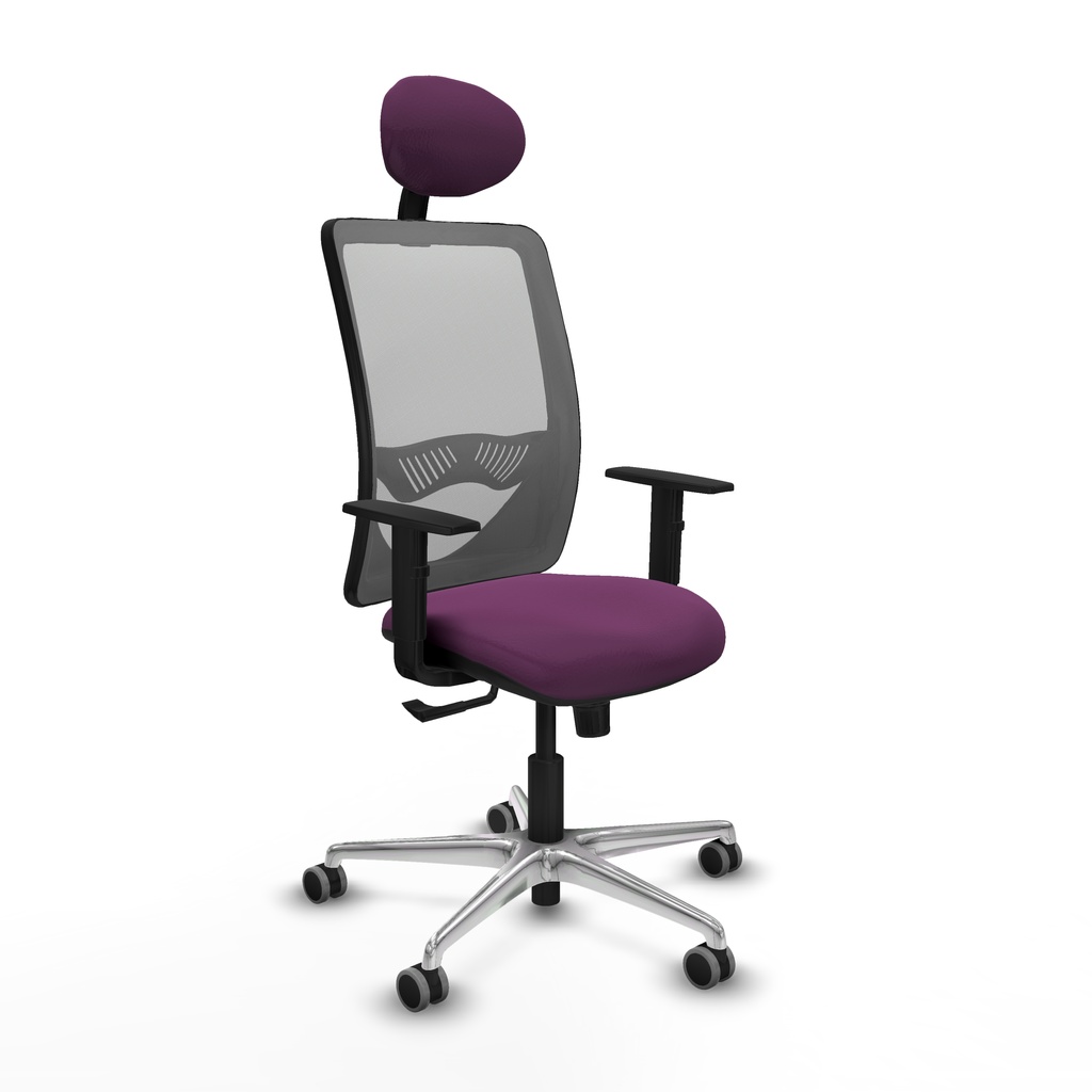 Zulema sincro malla gris similpiel morado brazos 1D base aluminio cabecero fijo ruedas 65mm engomadas