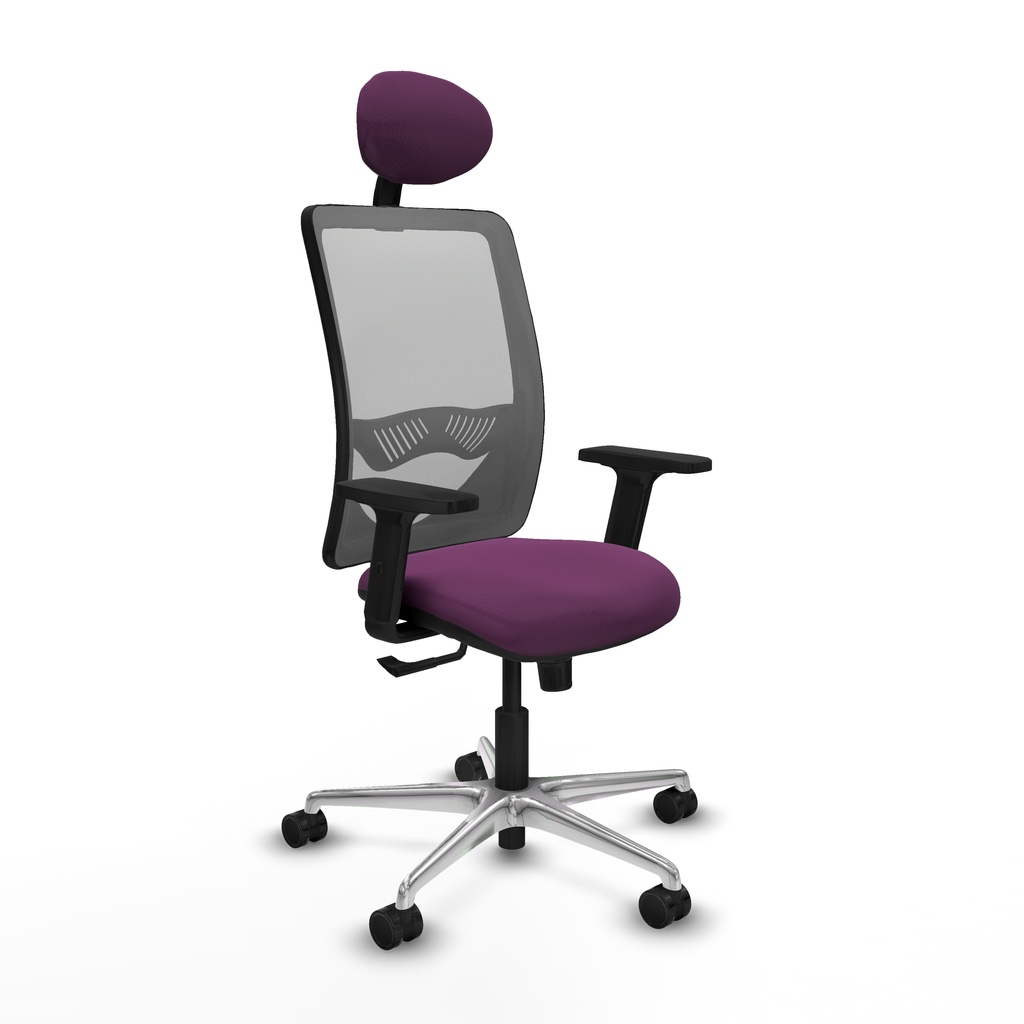 Zulema sincro malla gris similpiel morado brazos 2D base aluminio cabecero fijo ruedas 65mm nailon