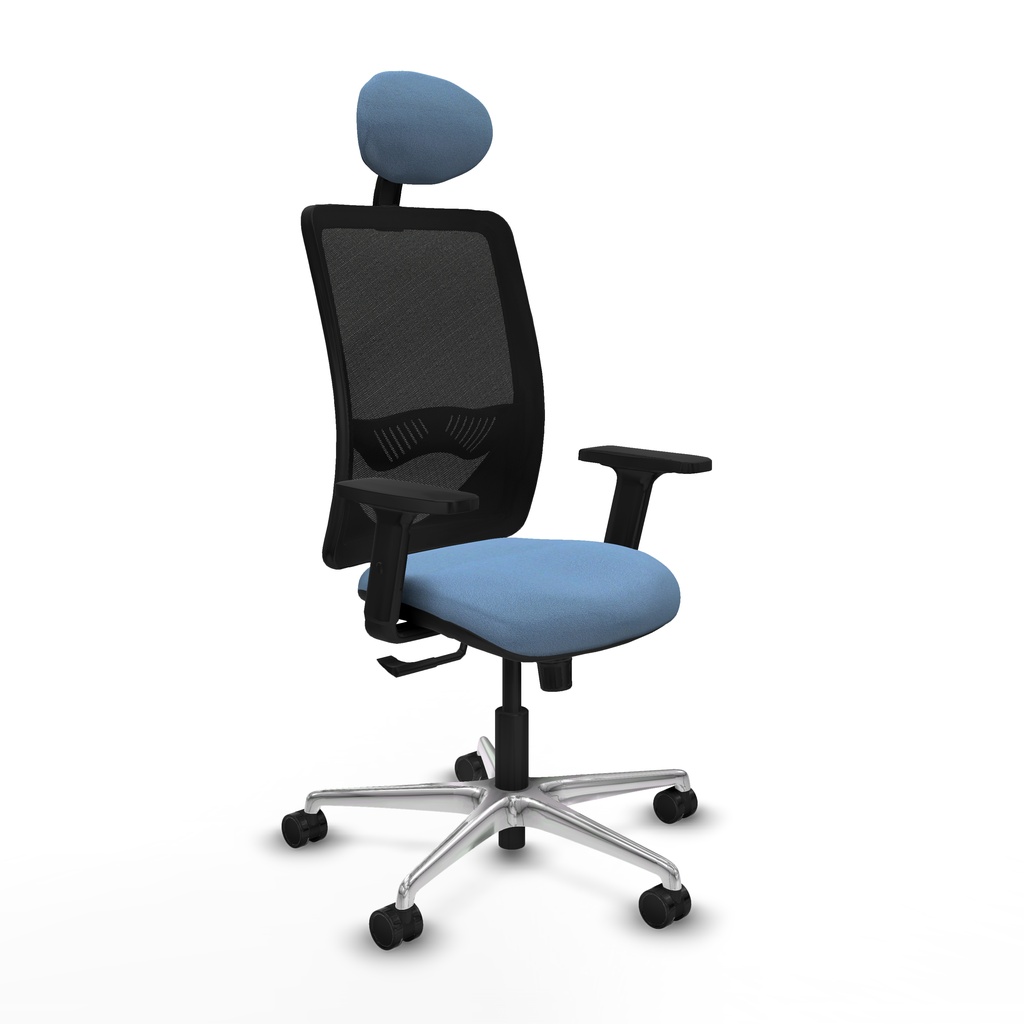 Zulema sincro malla negra bali azul cielo brazos 2D base aluminio cabecero fijo ruedas 65mm nailon