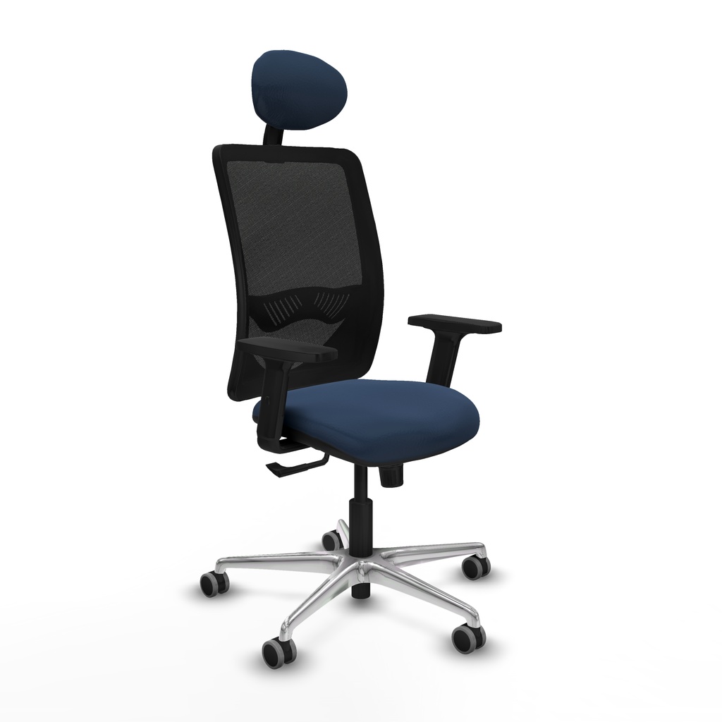 Zulema sincro malla negra similpiel azul marino brazos 2D base aluminio cabecero fijo ruedas 65mm engomadas