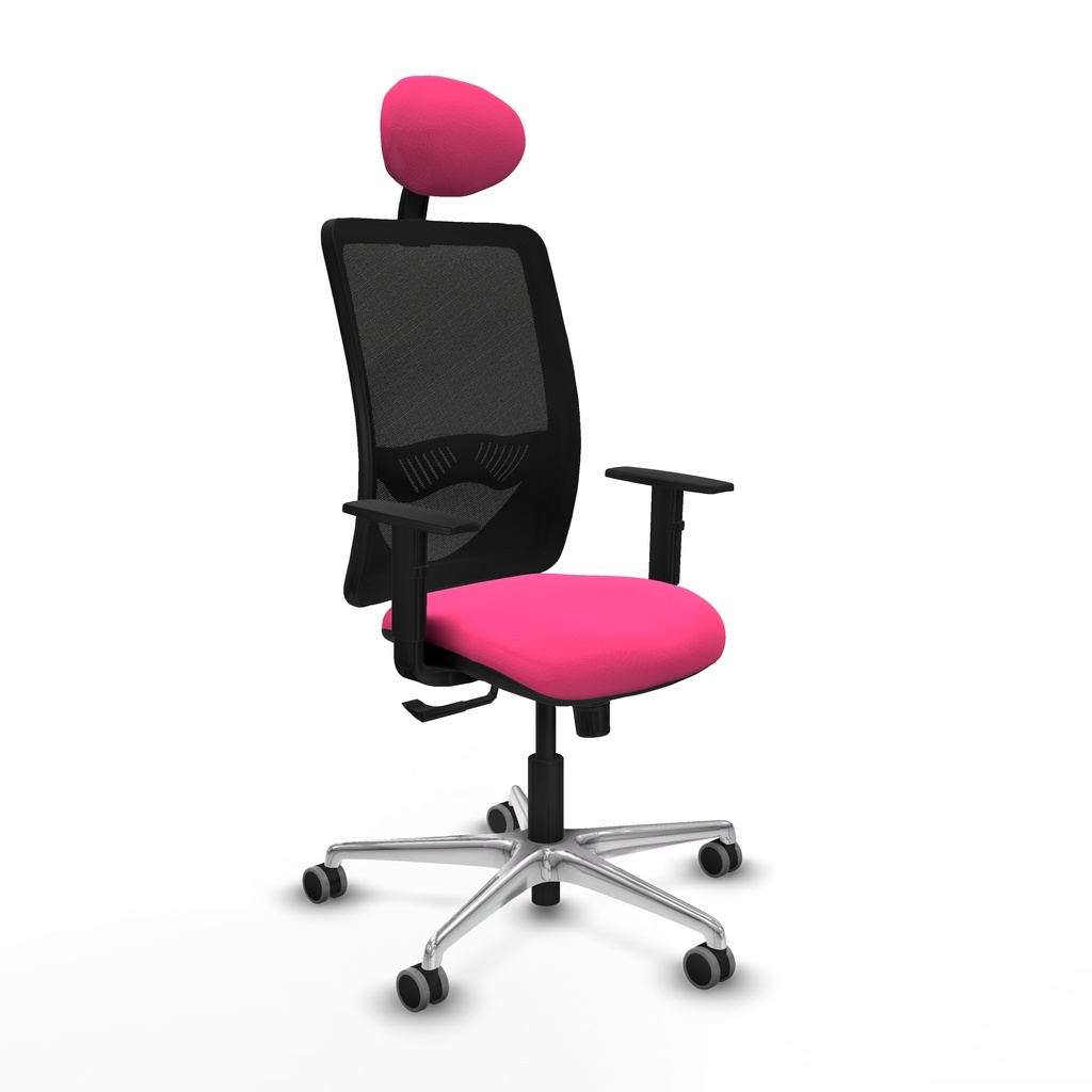 Zulema sincro malla negra similpiel rosa brazos 1D base aluminio cabecero fijo ruedas 65mm engomadas
