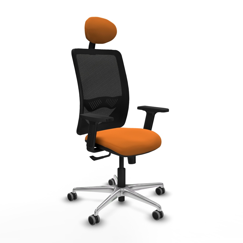 Zulema sincro malla negra similpiel naranja brazos 2D base aluminio cabecero fijo ruedas 65mm engomadas