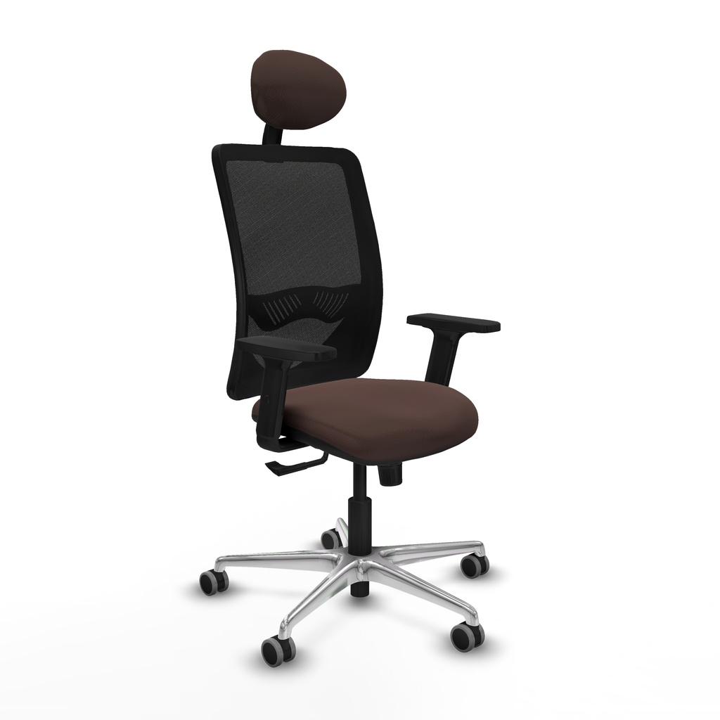 Zulema sincro malla negra similpiel marrón oscuro brazos 2D base aluminio cabecero fijo ruedas 65mm engomadas