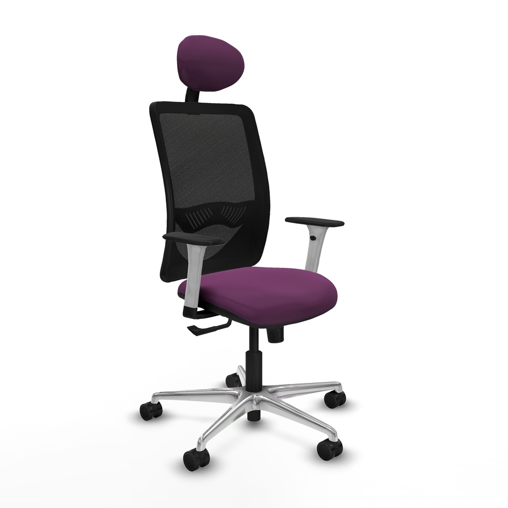 Zulema sincro malla negra similpiel morado brazos blancos base aluminio cabecero fijo ruedas 65mm nailon