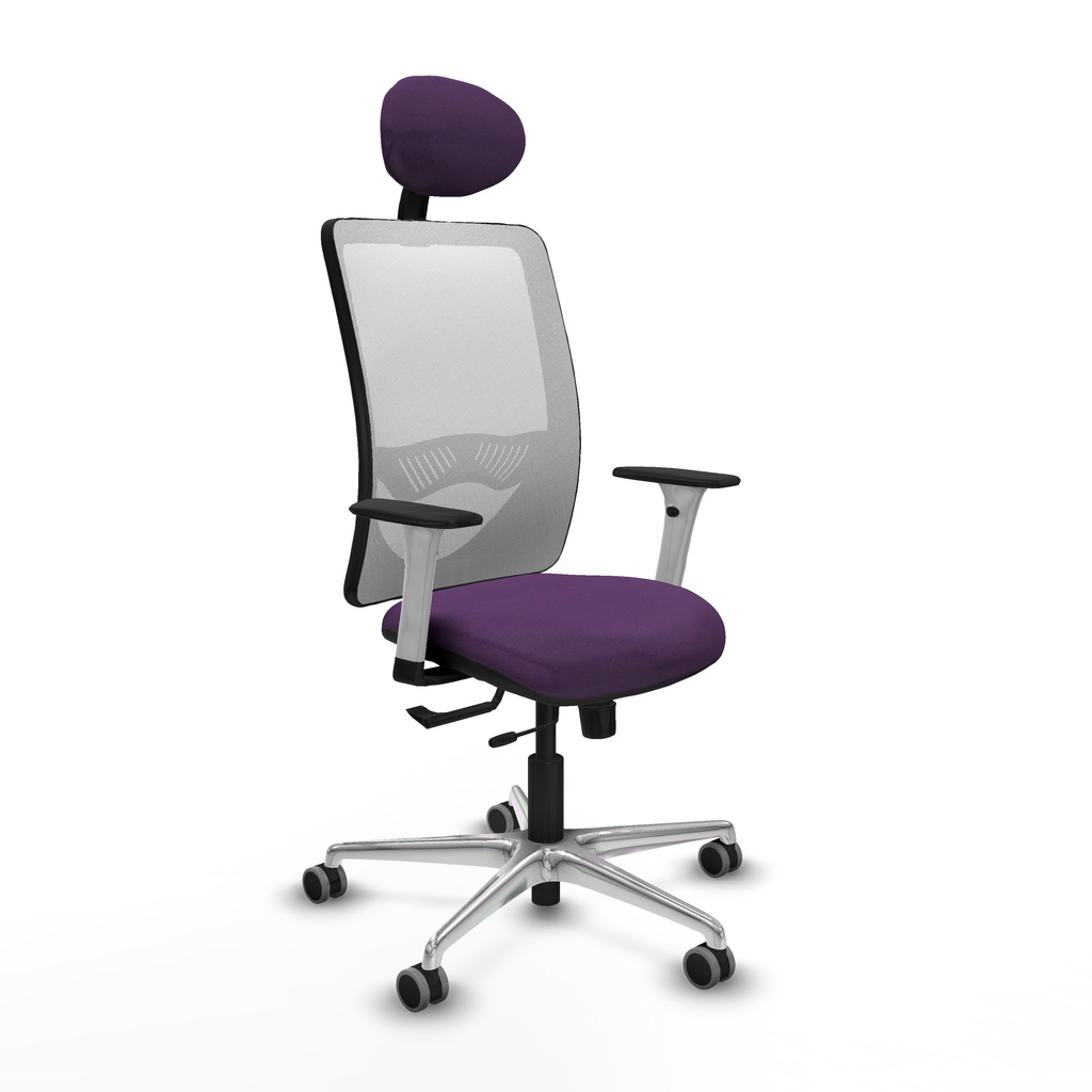 Zulema traslack malla blanca bali morado brazos blancos base aluminio cabecero fijo ruedas 65mm engomadas