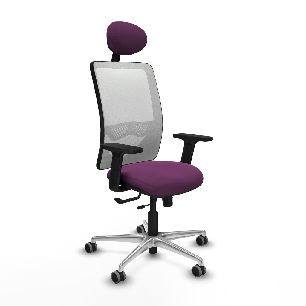Zulema traslack malla blanca similpiel morado brazos 2D base aluminio cabecero fijo ruedas 65mm engomadas