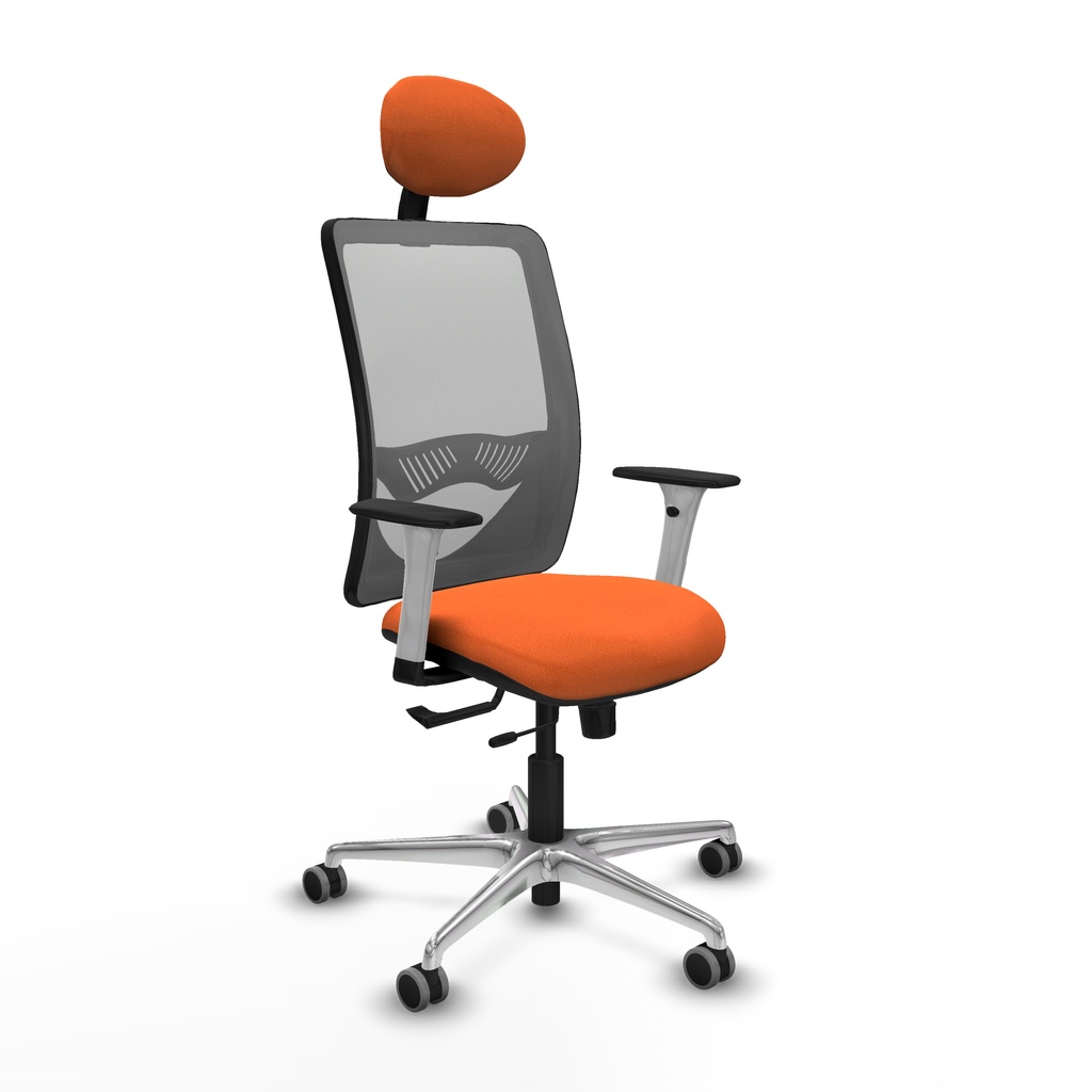 Zulema traslack malla gris bali naranja brazos blancos base aluminio cabecero fijo ruedas 65mm engomadas