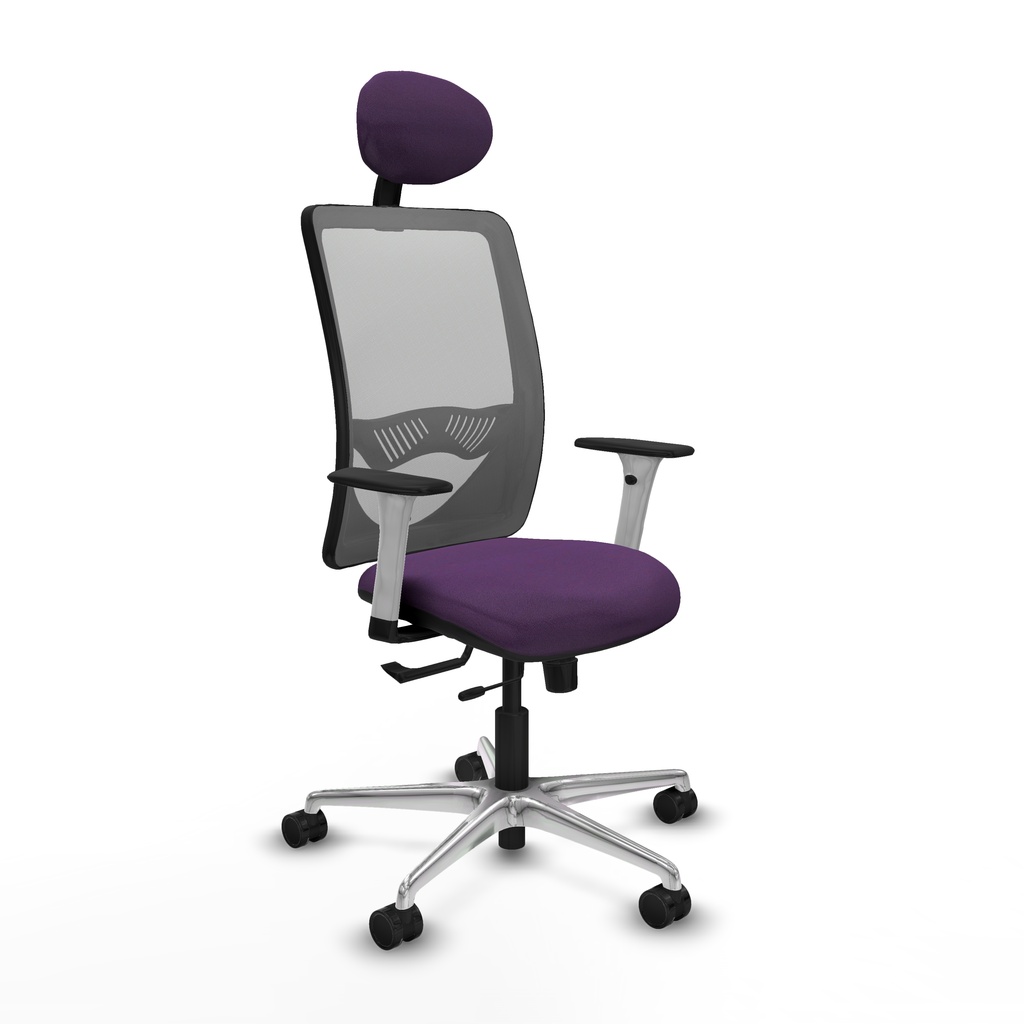 Zulema traslack malla gris bali morado brazos blancos base aluminio cabecero fijo ruedas 65mm nailon